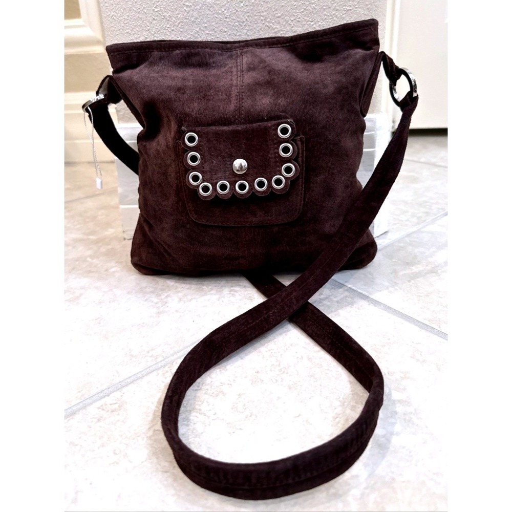 Wilsons Leather Brown Suede Crossbody Bag Grommet Scallop Boho Y2K Messenger